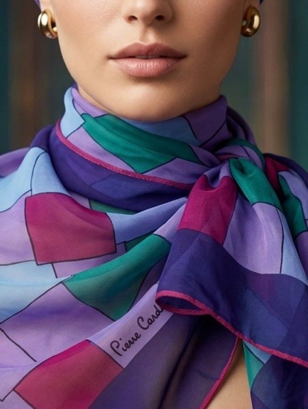 Pierre Cardin Silk Scarf Hand Rolled Hem Geometric Patchwork Purple 30" Vintage